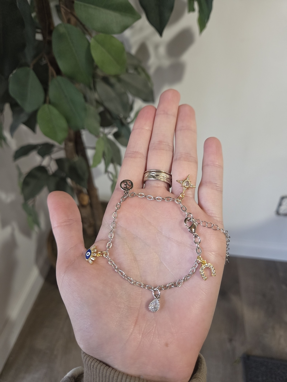 18k Gold Mixed Metal Dainty Charm Bracelet
